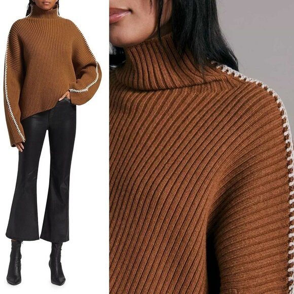 Rag & Bone Ingrid Dark Brown Ribbed Turtleneck Whipstitch Wool Sweater Size‎ L - Picture 10 of 11